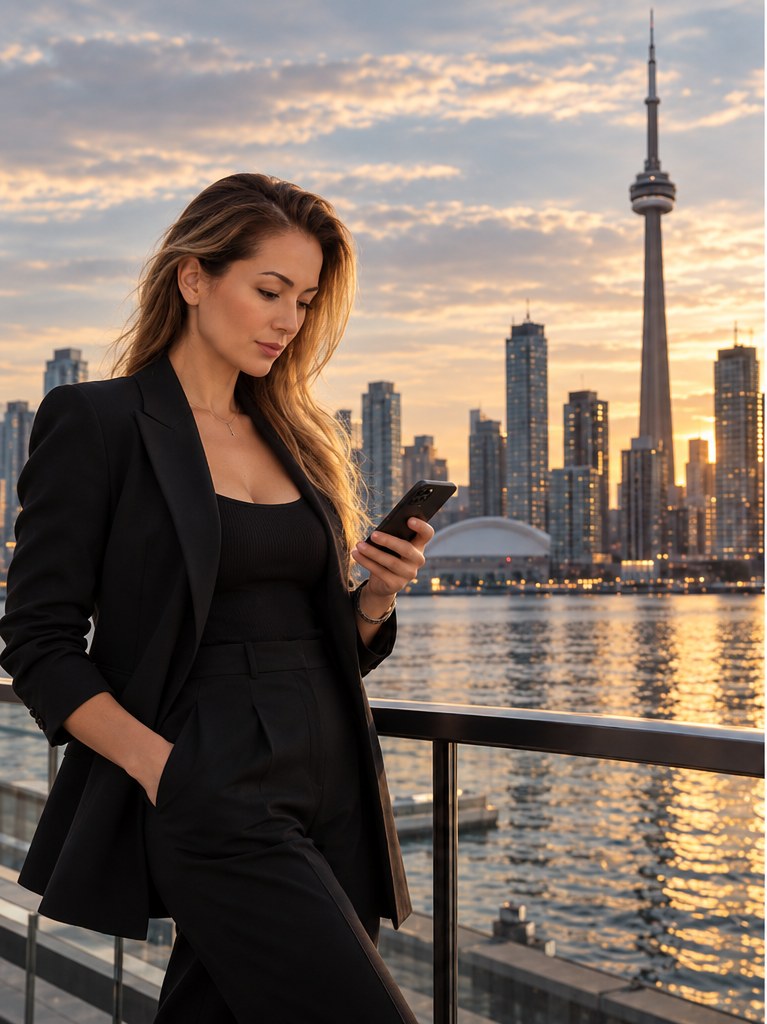 Businesswoman checking her phone on the Toronto waterfront, with the CN Tower and skyline behind her
